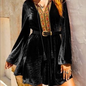 Black Velvet Boho Embroidered Tassel Dress